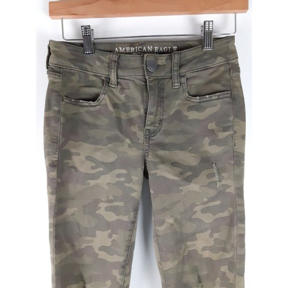 American Eagle Women's Green Camo Distressed Jegging Skinny Jeans Stretch 2 - Picture 2 of 8